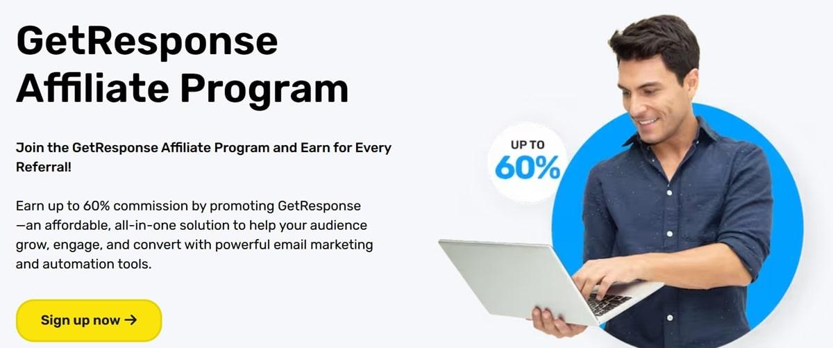 GetResponse affiliate program page showing commission structure and partnership opportunities for driving traffic through affiliate marketing strategies